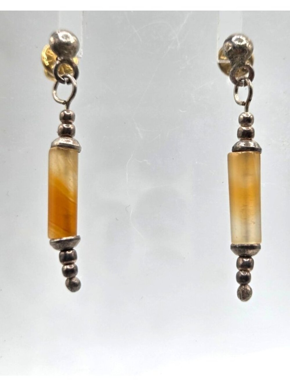 Vintage Silver Tone & Amber Colored Drop Dangle Earrings